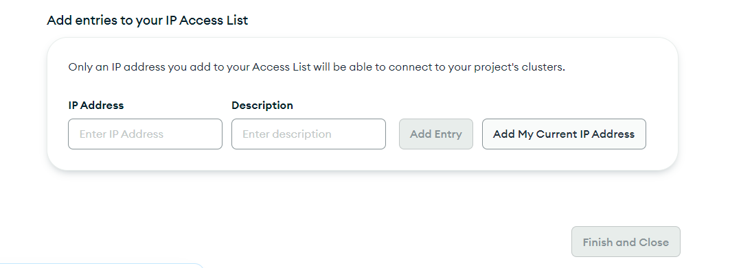 MongoDB Add Current IP Address screen