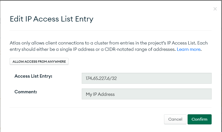 MongoDB edit network access popup