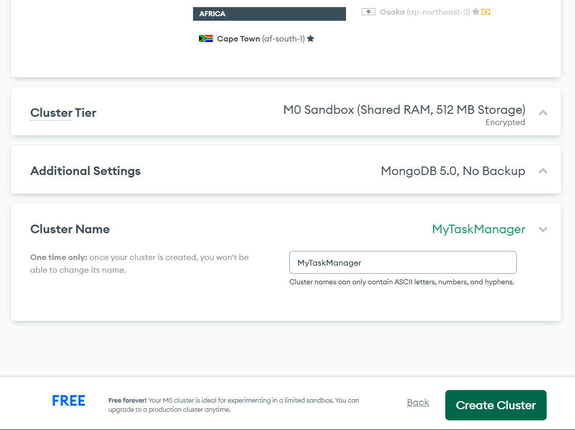 MongoDB Create Cluster screen