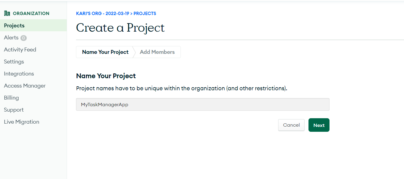 MongoDB Create Project screen for naming a project