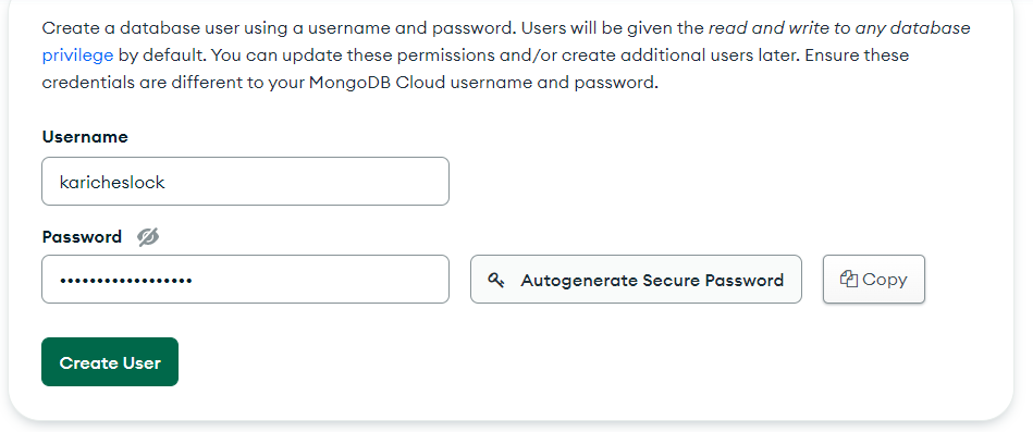 MongoDB Create User screen