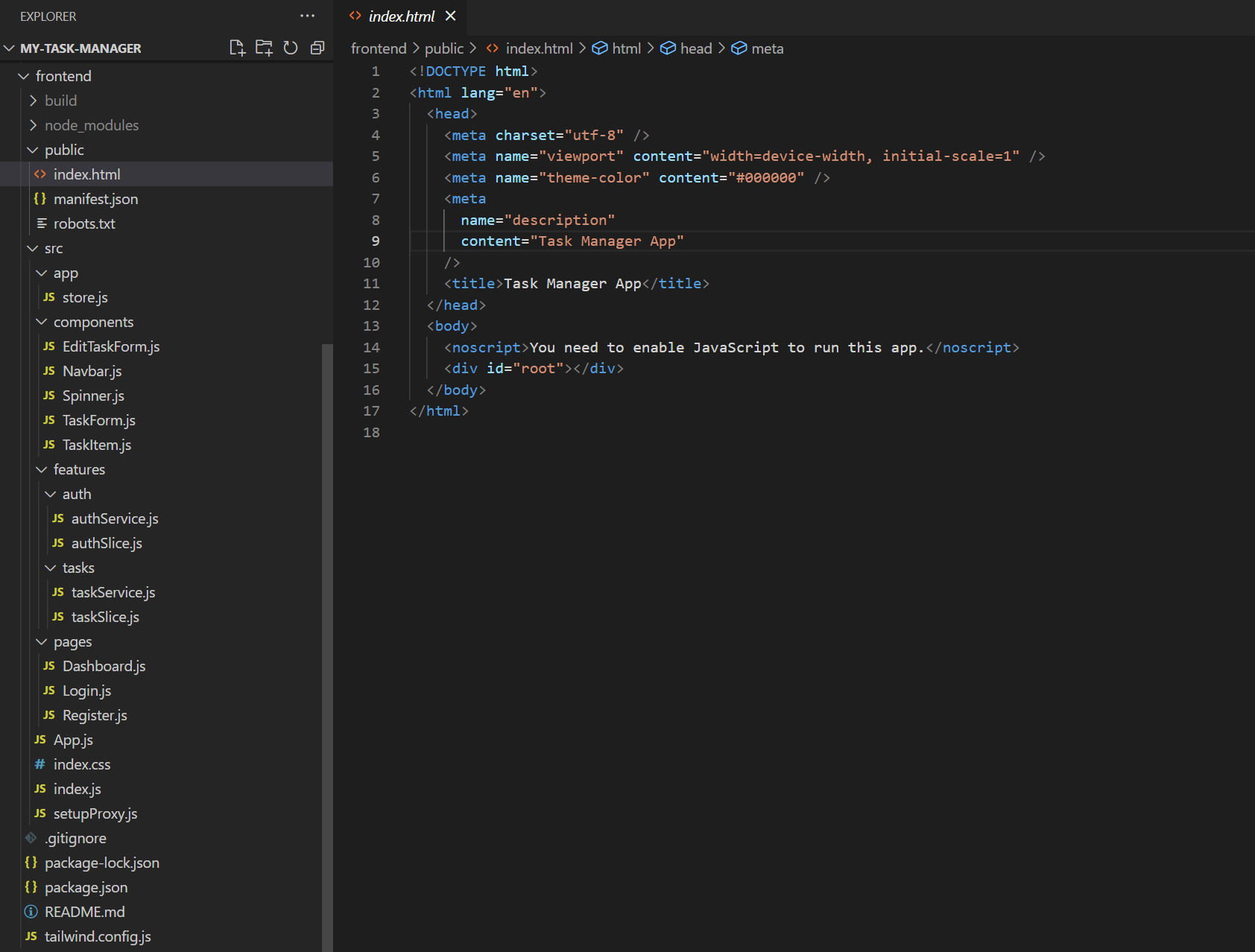 Frontend file tree structure and index.html file