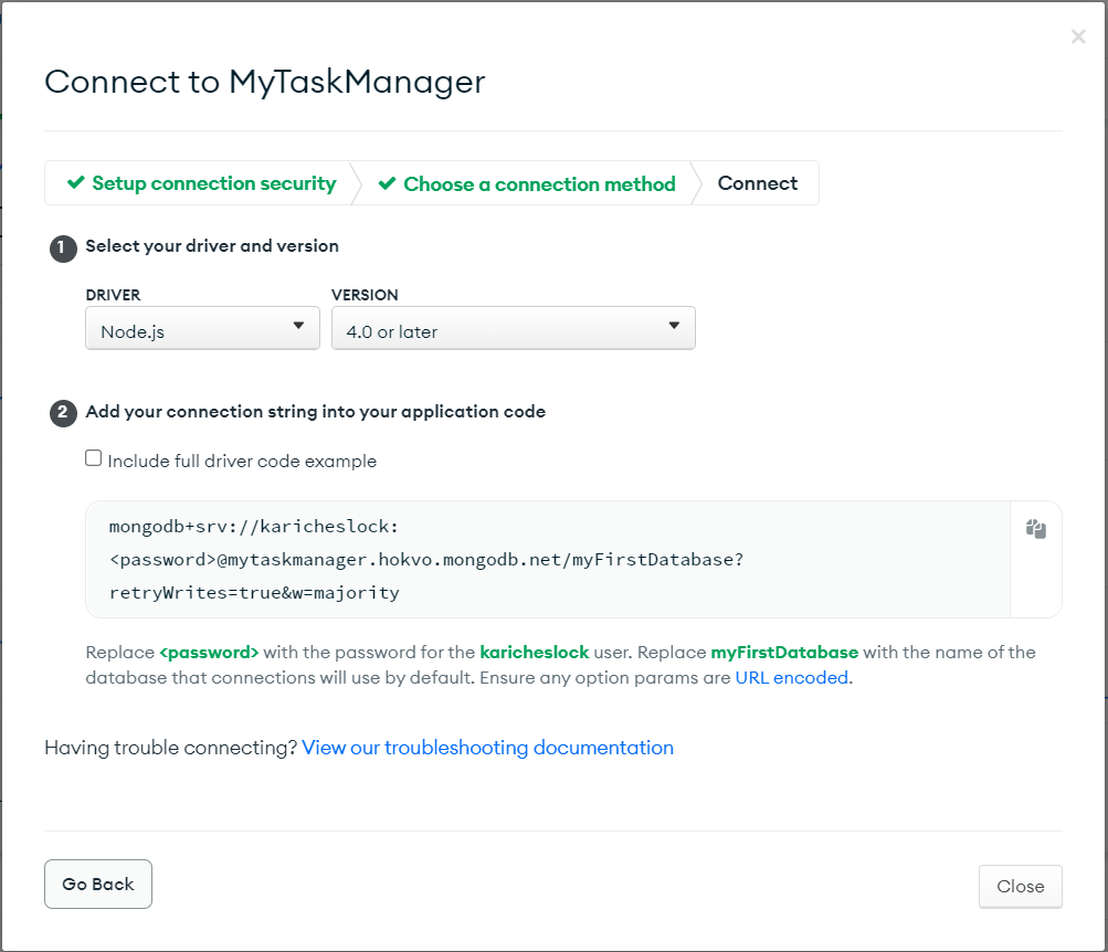 MongoDB database connection string screen