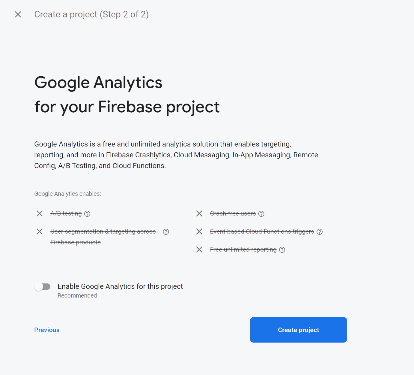 Firebase create project screen