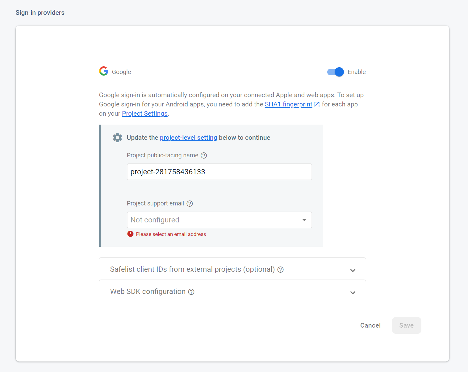 Firebase Enable Google Provider screen