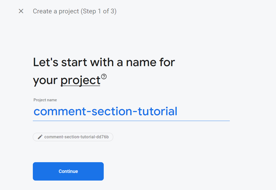 Firebase add project name screen