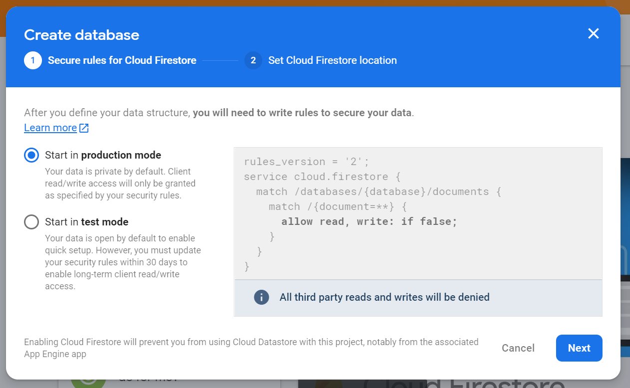 Firestore production mode page