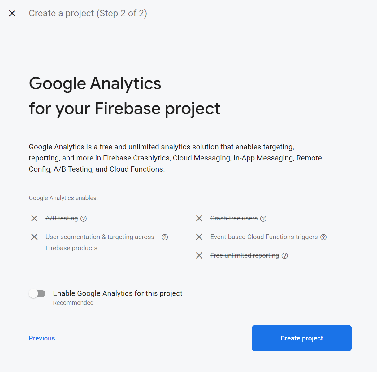 Firebase create project screen