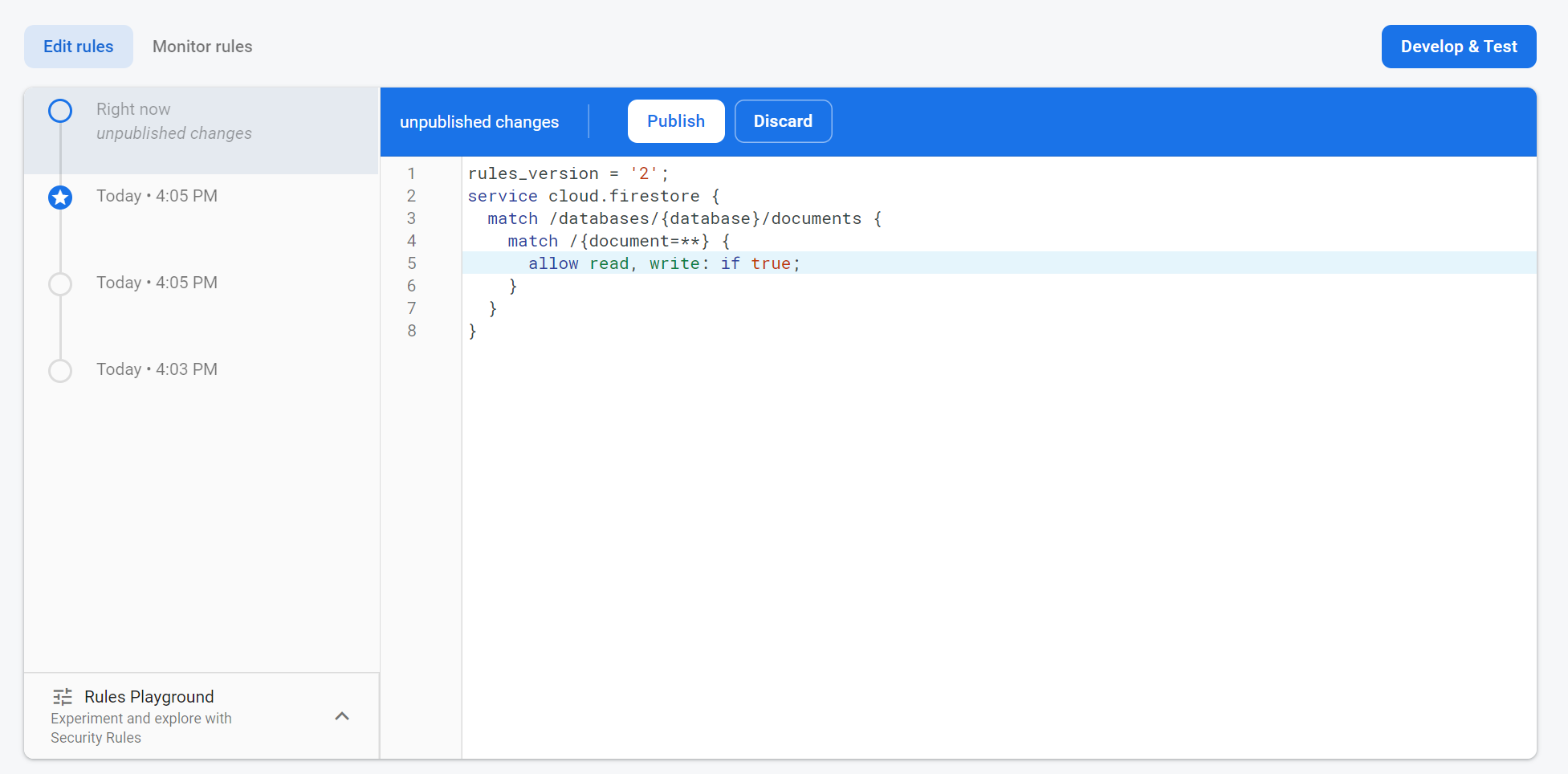 Firebase database rules screen