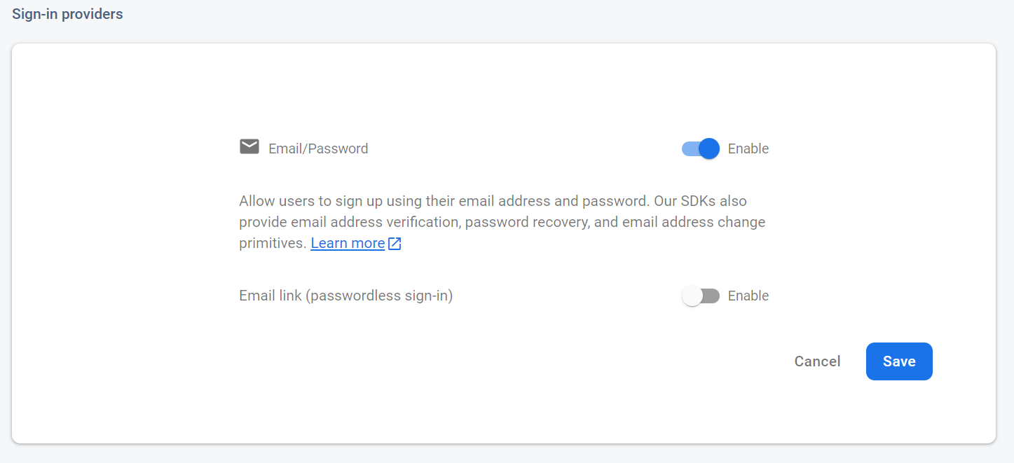 Firebase authentication email/password provider screen