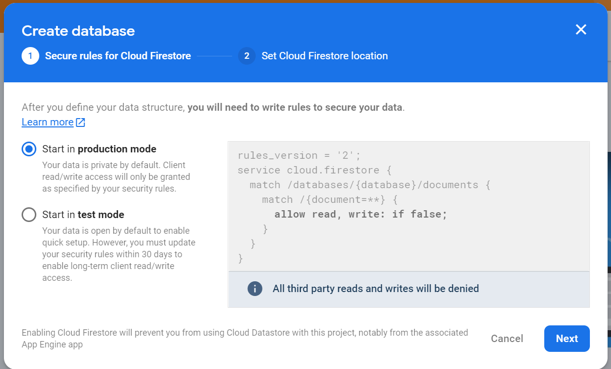 Firebase production mode screen