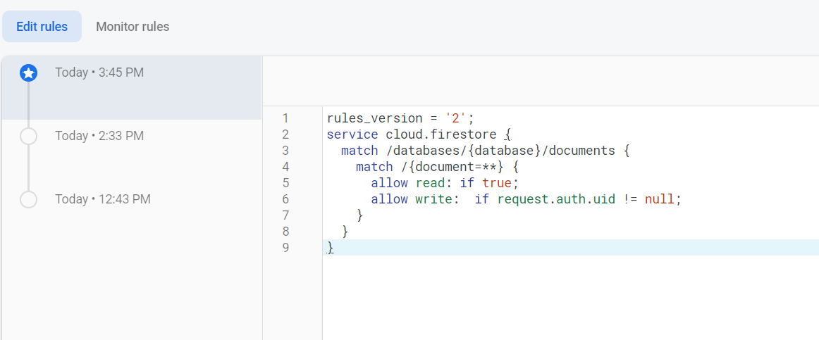 Firebase database rules screen