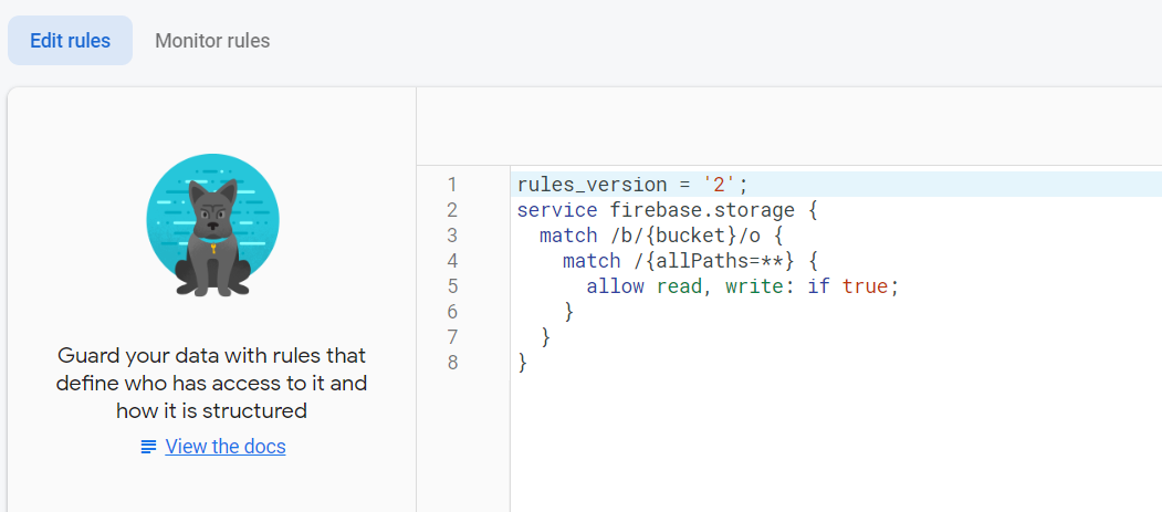 Firebase storage rules screen