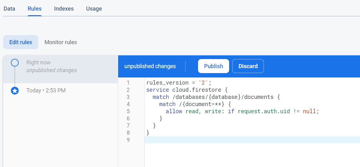 Firebase database rules screen